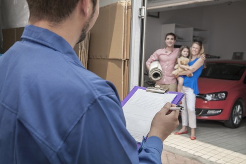 Packed office furniture and equipment ready for transport